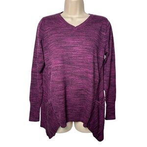 Lori Goldstein LOGO Women’s Purple Black V Neck Sweater Pockets Shark bite hem